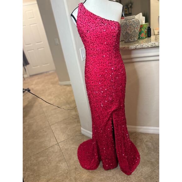 Lavetir One-Shoulder Split Side Long Sequin Dress Pink Size Medium 4-8 - Picture 4 of 14